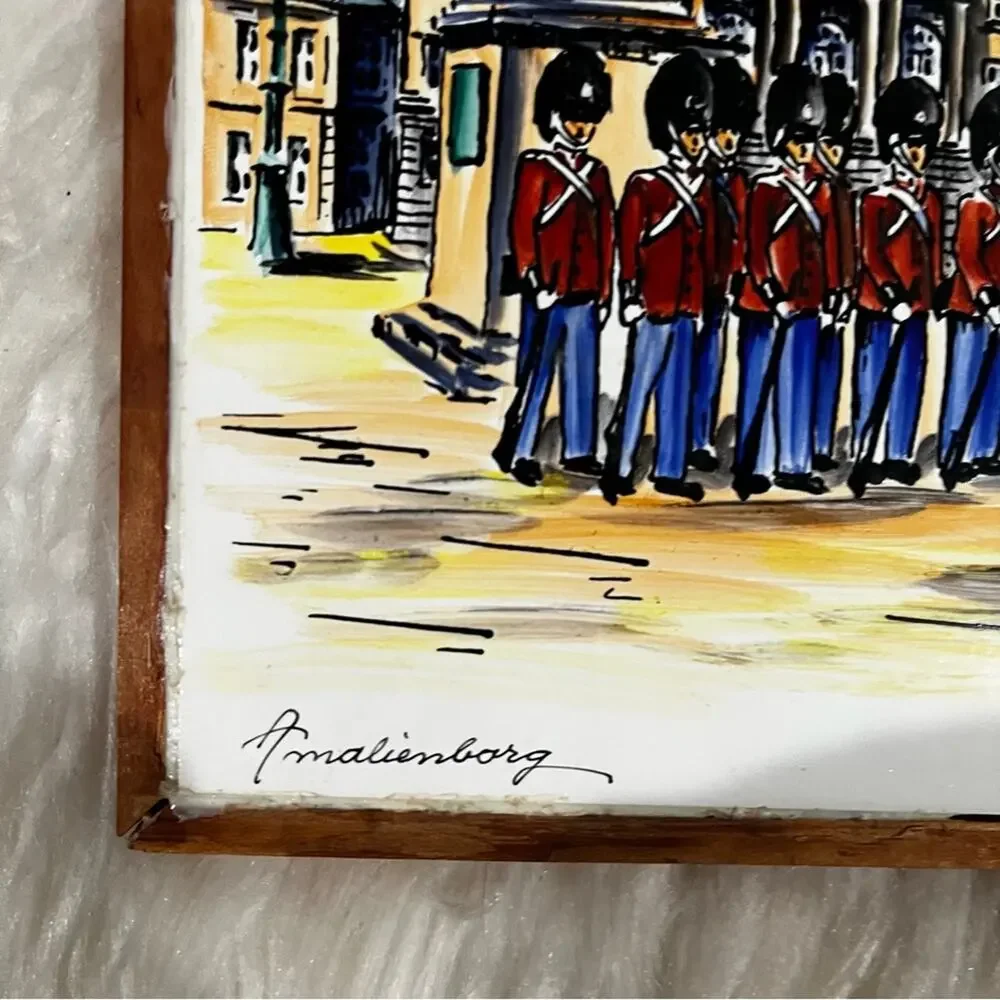 Vintage Hand Painted Denmark Ceramic Art Tile 1965 Amalienborg Copenhagen Framed